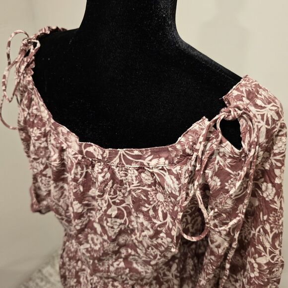 Olivaceous Boho Floral Short Puff Sleeve Mini Baby Doll Dress Maroon Size Medium - Picture 9 of 12